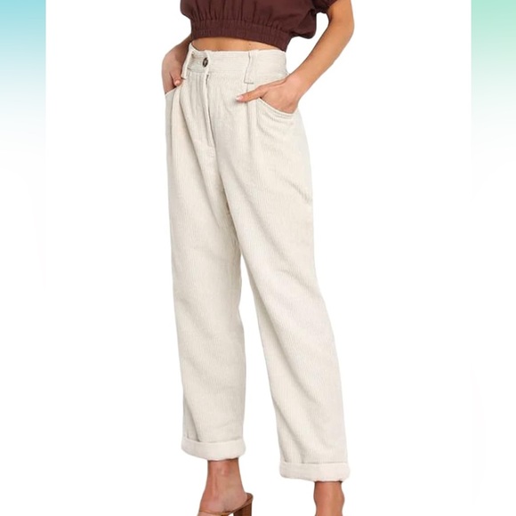 Women's High Waisted Cropped Corduroy Pants Straight Leg Trousers with Pockets - Picture 3 of 5